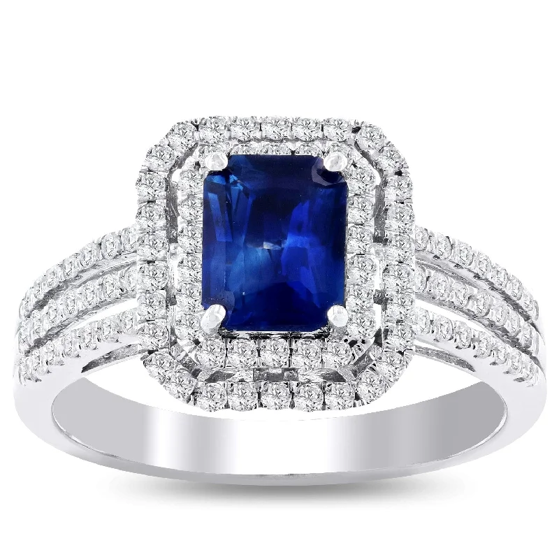 Ladies thin band engagement rings-Auriya 18k White Gold 1 1/10ct Emerald-Cut Blue Sapphire and 1/2ctw Halo Diamond Engagement Ring