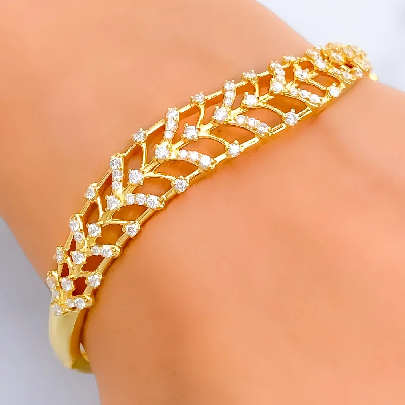 Ladies pearl and gold bracelet-Luxurious Alluring Leaf Diamond + 18k Gold Bangle Bracelet