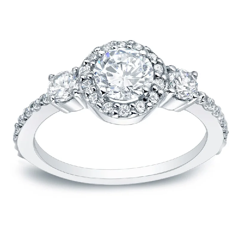 Ladies geometric engagement rings-Auriya Platinum 3/4ctw Round 3-Stone Halo Diamond Engagement Ring (H-I, SI1-SI2)