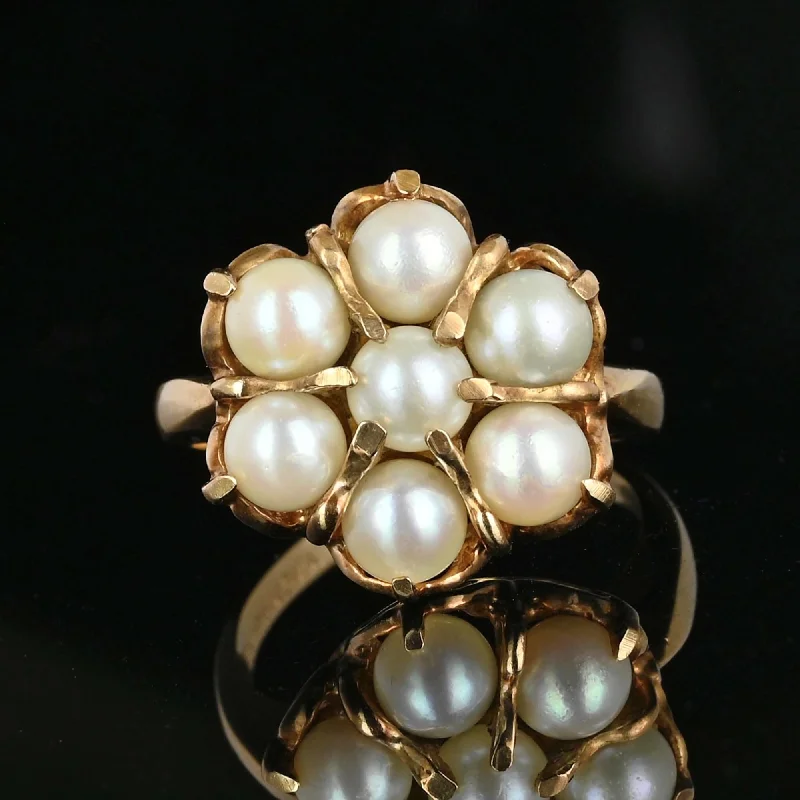 Ladies gemstone engagement ring-Vintage 10K Gold Pearl Halo Cluster Ring