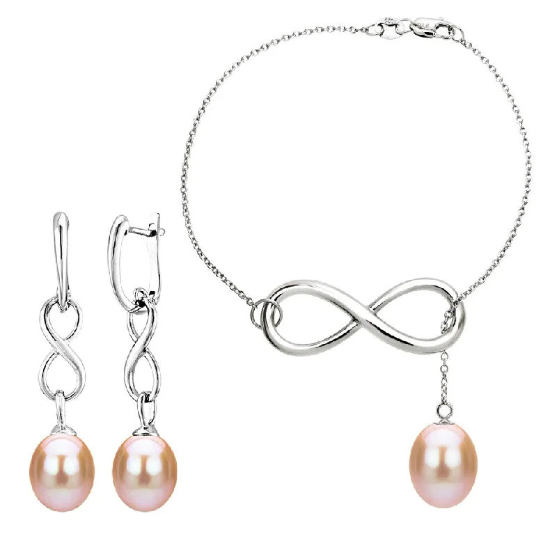 Ladies stackable bangles-DaVonna Sterling Silver 8-9mm Pink Freshwater Pearl Infinity Bracelet and Earrings