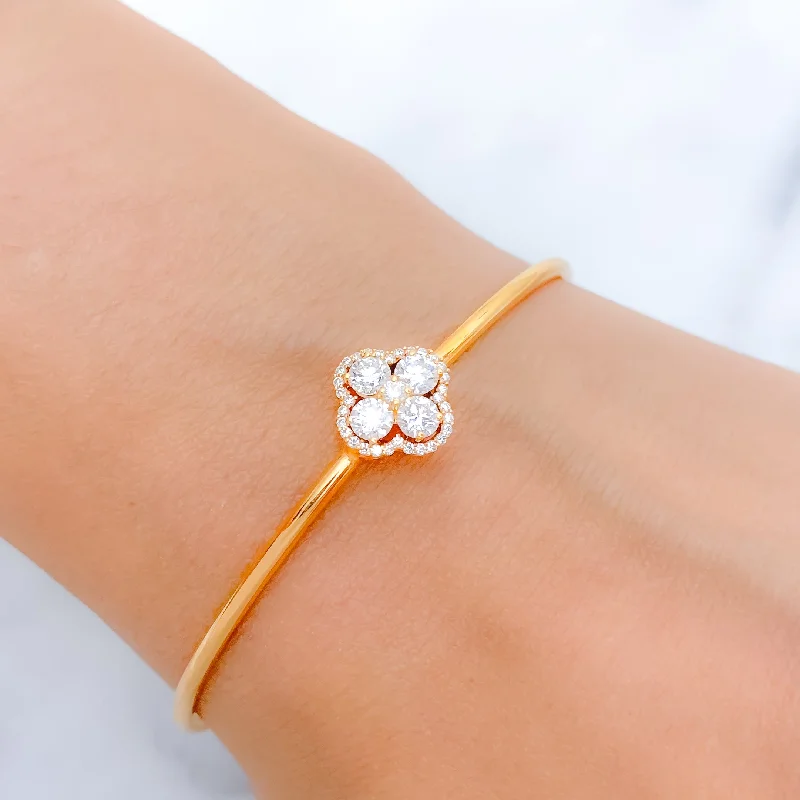 Ladies gemstone bangle-Classic Four Clover Diamond + 18k Gold Bangle Bracelet