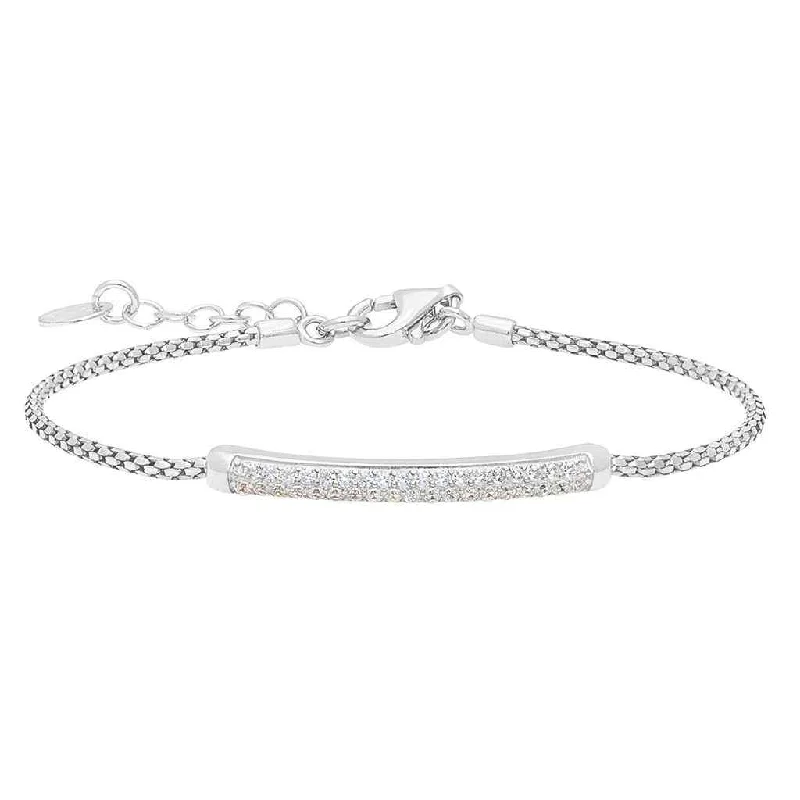 Ladies silver tennis bracelet-Rounded Box Chain Bracelet with Simulated Diamond Accented Bar