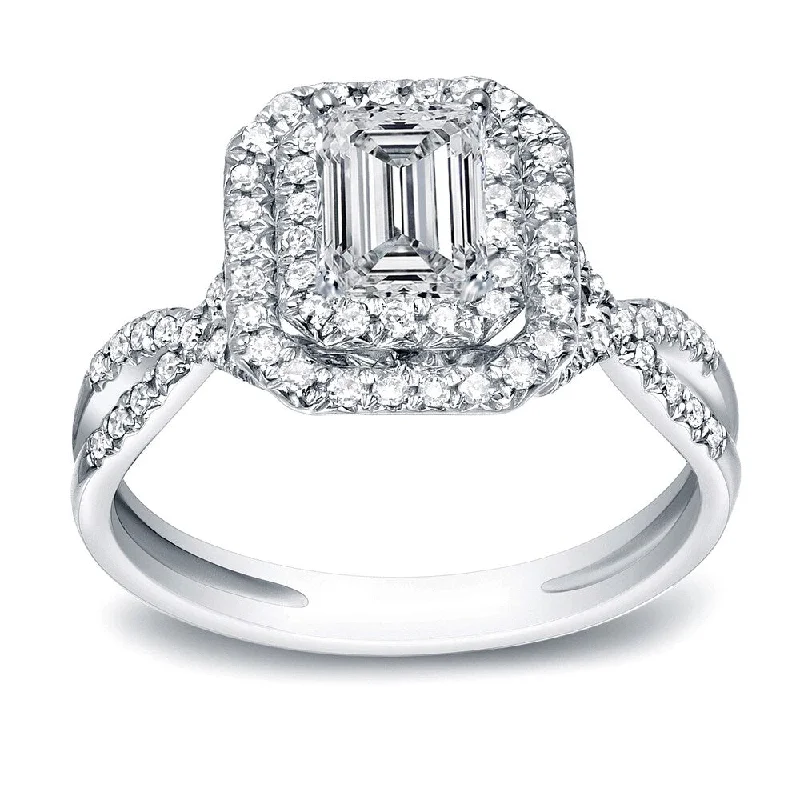 Ladies engagement rings with accents-Auriya Platinum 4/5ct TDW Emerald-Cut Diamond Halo Engagement Ring