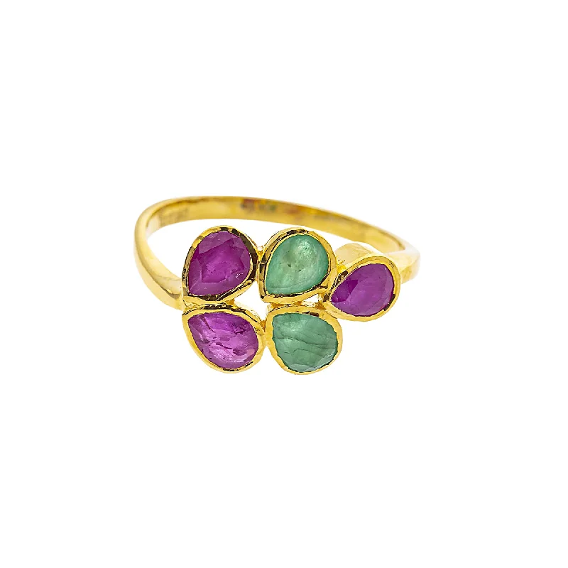 Ladies vintage-inspired ring-22K Yellow Gold, Emerald & Ruby Cocktail (3gm)