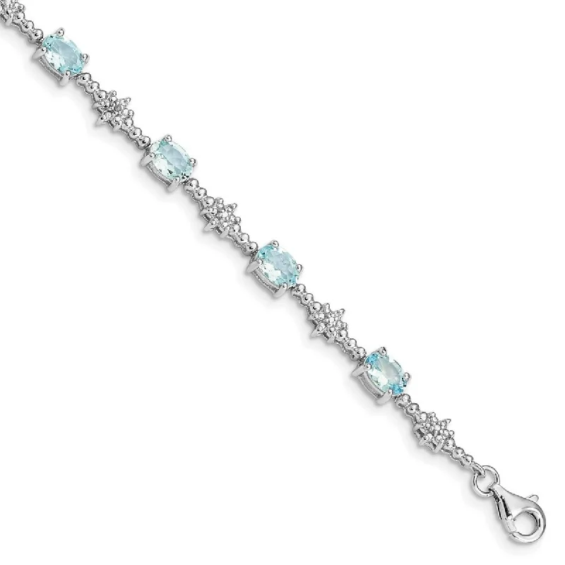 Ladies cuff with gemstones-Curata 925 Sterling Silver Polished Fancy Lobster Closure Aquamarine and Diamond Bracelet