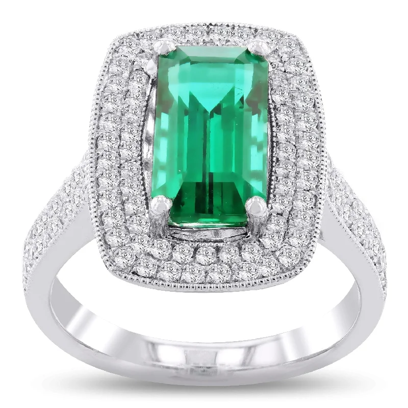 Ladies halo engagement rings-Auriya Platinum Vintage 3ct Emerald-Cut Emerald and 3/4ct TDW Diamond Halo Engagement Ring