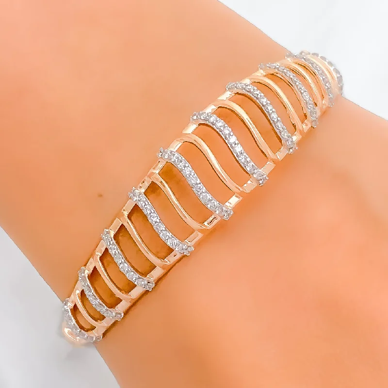 Ladies gemstone-studded bracelet-Contemporary Striped Diamond + 18k Gold Bangle Bracelet