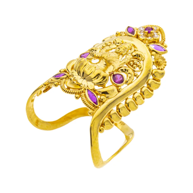 Ladies diamond solitaire ring-22K Yellow Gold Temple Vanki Ring w/ Ruby & CZ (5.7gm)