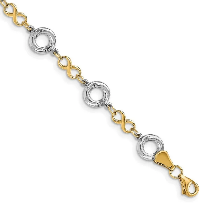 Ladies fashion bracelet-Curata 10k Two-tone Gold Polished Love-knot Infinity Link Bracelet 7.5 Inch