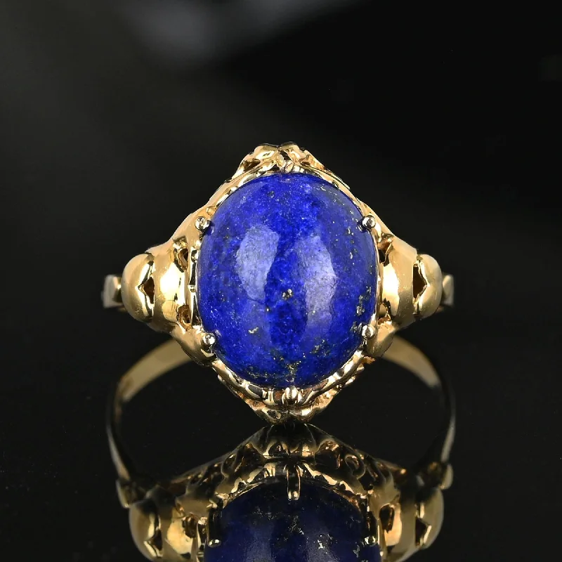 Ladies gold-plated ring-Vintage Gold Heart and Bow Lapis Lazuli Ring