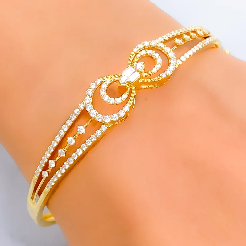 Ladies birthstone bracelet-Glistening Bow Shaped Diamond + 18k Gold Bangle Bracelet