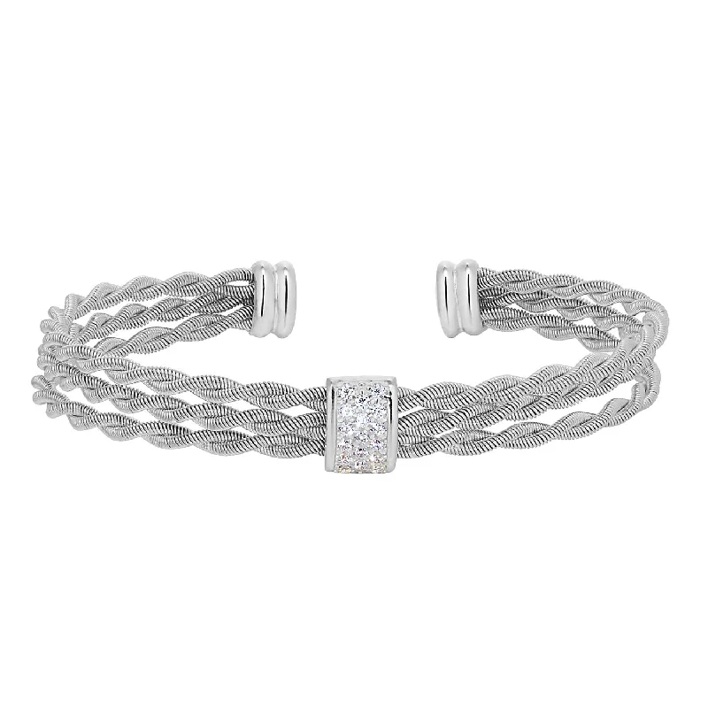 Ladies silver cuff bracelet-Twisted Three Cable Bracelet with Simulated Diamond Accents