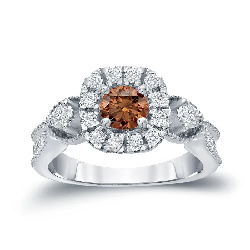 Ladies vintage-inspired engagement rings with diamonds-Auriya 1ctw 3-Stone Halo Brown Diamond Engagement Ring 14k Gold (H-I, I1-I2)