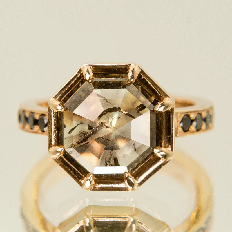 Ladies custom ring-Octagonal Rose Cut Salt + Pepper Diamond Statement Ring