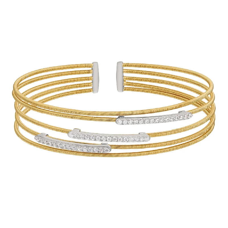 Ladies simple silver bracelet-Sterling Silver Multi Cable Bracelet With Horizontal Bars of Simulated Diamonds