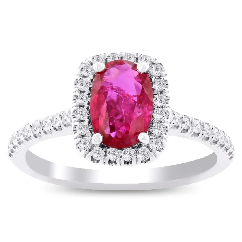 Ladies diamond halo engagement rings-Auriya 18k White Gold 1ct Oval-Cut Rare Unheated Ruby and 1/3ct TDW Diamond Halo Engagement Ring