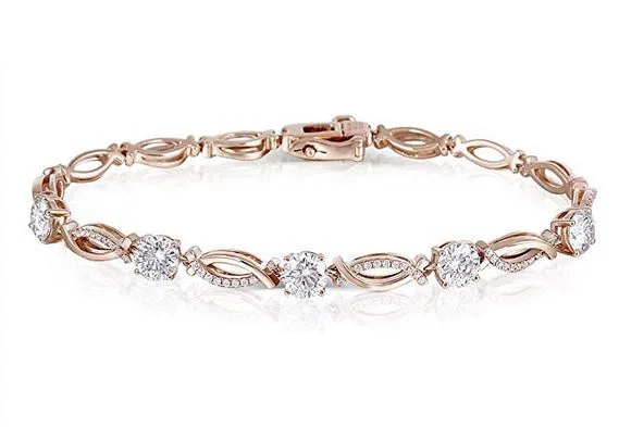 Ladies charm bangles-doveggs moissanite 14k rose gold 2.5 carat moissanite/lab grown diamond bracelet with accents 17cm length