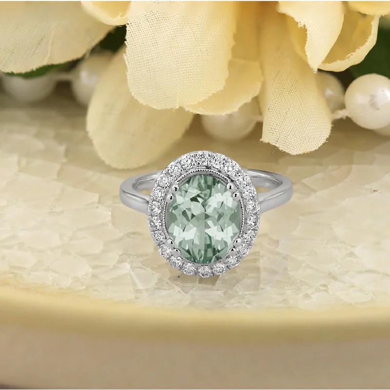 Ladies luxury engagement rings-Auriya Vintage 1 5/8ct Oval Green Amethyst and Halo Diamond Engagement Ring 1/3ctw 14k Gold