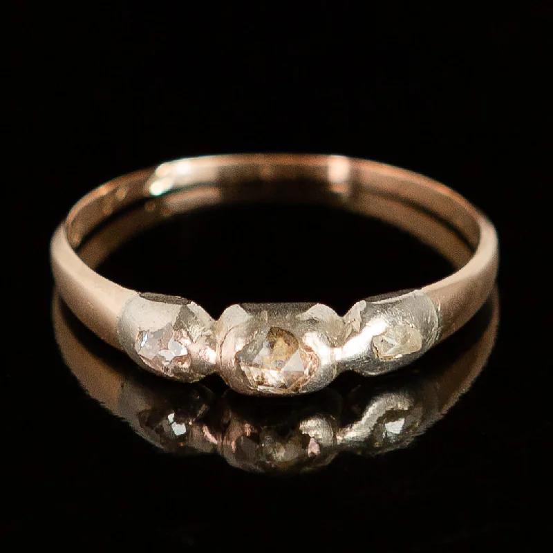 Ladies silver-plated ring-Late Georgian Trilogy Ring - Rose Cut Diamonds in 14k Gold + Sterling Silver c.1822