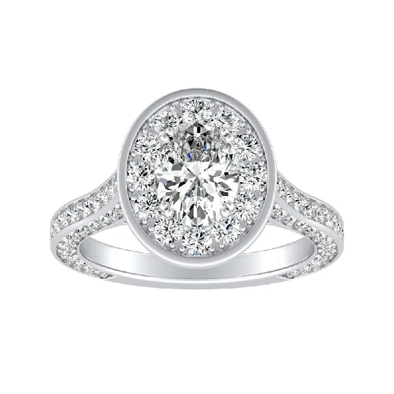 Ladies solitaire engagement rings-Oval-cut 1 3/4ctw Halo Diamond Engagement Ring Platinum by Auriya