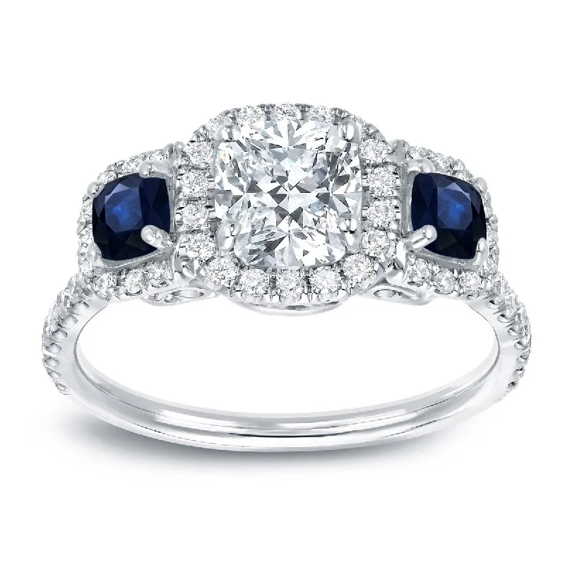 Ladies engagement rings with diamond pave-Auriya 14k Gold 1 1/2ctw Cushion-cut 3-Stone Diamond and Sapphire Engagement Ring (H-I, VS1-VS2)