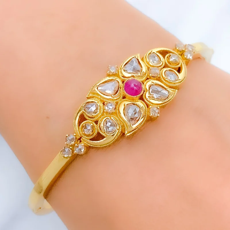 Ladies trendy bangles-Polki Diamond + 22k Gold Bangle Bracelet