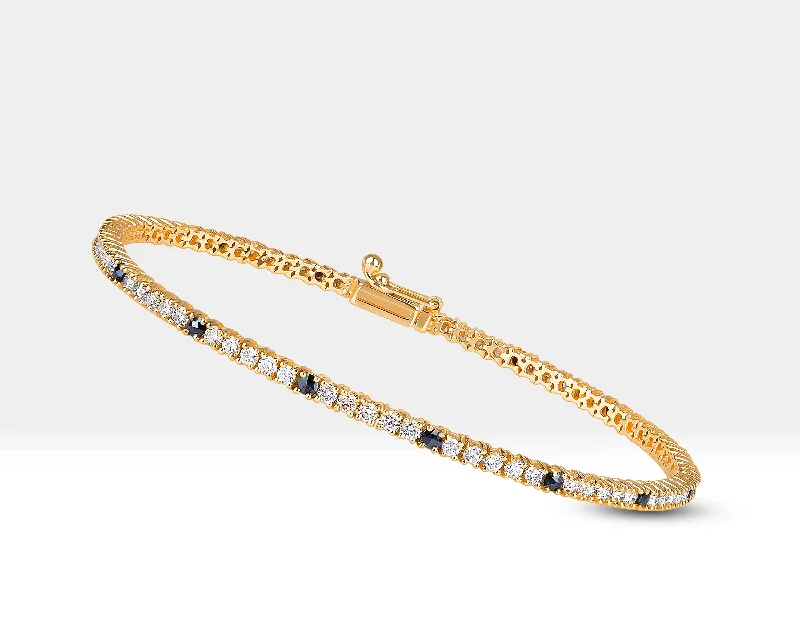 Ladies statement bracelet-Diamond and Black Diamond Stones Tennis Solid Gold Bracelet